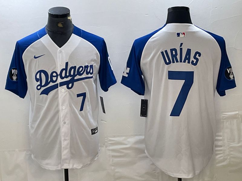 Men Los Angeles Dodgers 7 Urias White blue Fashion Nike Game MLB Jersey style 3